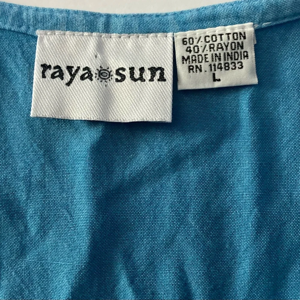 Raya Sun Dress SZ L Sky Blue Cotton Blend wood beaded and embroidered